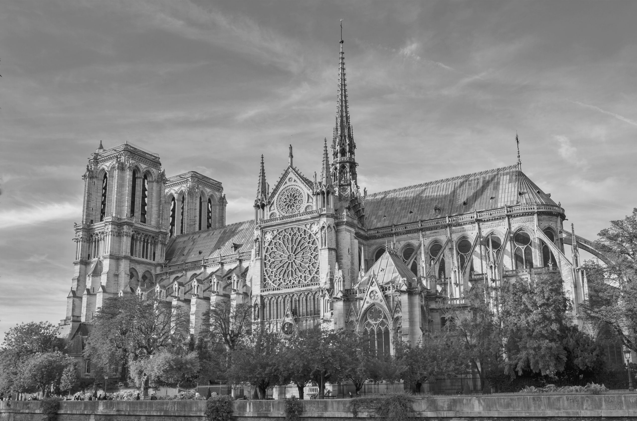 Notre Dame de Paris Katedrali'nin güney cephesi, siyah beyaz. Gül penceresi, sivri gotik kemerler ve payandalar görünüyor.